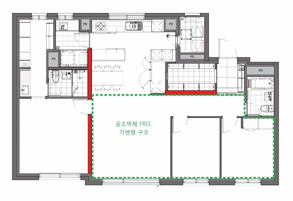 전용면적 84㎡ C2 HOUSE 평면. 붉은색으로 표현된 3개의 내력 벽을 T자 형태로 배치해 내부 평면을 다양하게 연출할 수 있다./제공=대림산업