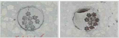 ▲정상적으로 채워진 덕트 내부 단면(왼쪽)과 빈 공간이 발생한 덕트 내부 단면(오른쪽)/제공=롯데건설
