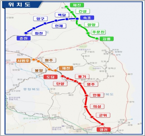 ▲강원권 4개 철도건설 사업 위치도/제공=국가철도공단