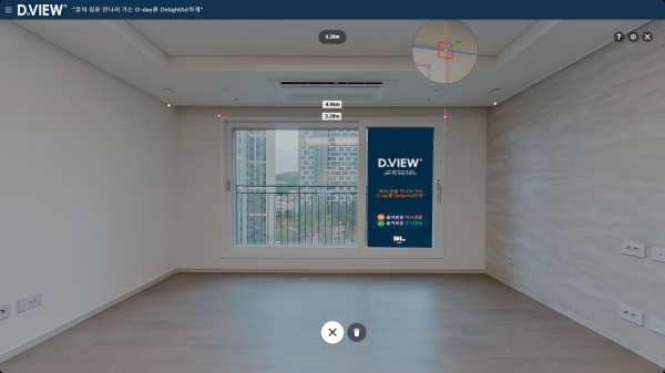 ▲D.VIEW는 360도 VR을 통해 세대 내부를 둘러볼 수 있을 뿐만 아니라 원하는 부위를 클릭해 길이, 높이, 깊이 등을 손쉽게 측정할 수 있다./제공=DL이앤씨