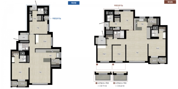 △세대분리형 평면으로 선보이는 84㎡C(왼쪽) 100㎡B(오른쪽)타입 평면도/제공=SK에코플랜트‧롯데건설